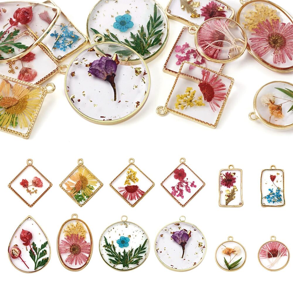 5397 12Pcs Natural Dried Pressed Flower Resin Pendants Flat Round Rectangle